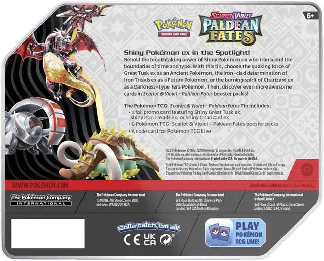 Alt view image 3 of 7 - Pokemon Scarlet & Violet Paldean Fates Tin | Shiny Great Tusk ex