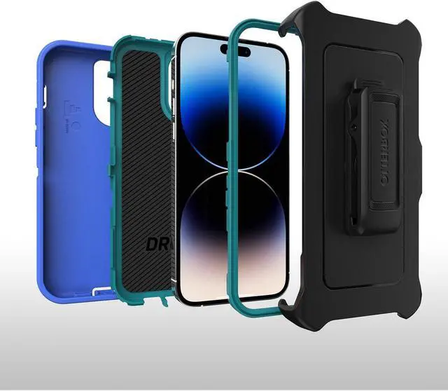 Alt view image 2 of 4 - OtterBox DEFENDER SERIES Case & Holster for iPhone 14 Pro - Rain Check (Blue)
