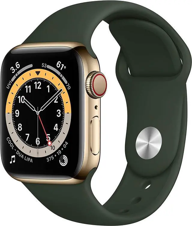 Alt view image 2 of 2 - Apple Watch Gen 6 Series 6 Cell 40mm Gold Stainless Steel - Cyprus Green Sport Band M02W3LL/A