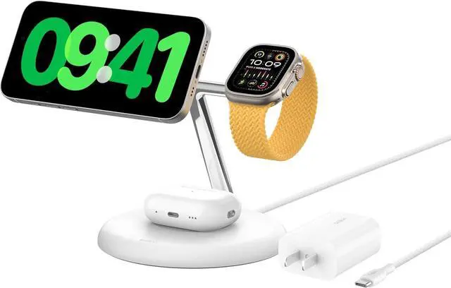 Main image of Belkin 3-in-1 Stand 15W Qi2 Wireless Charger - White