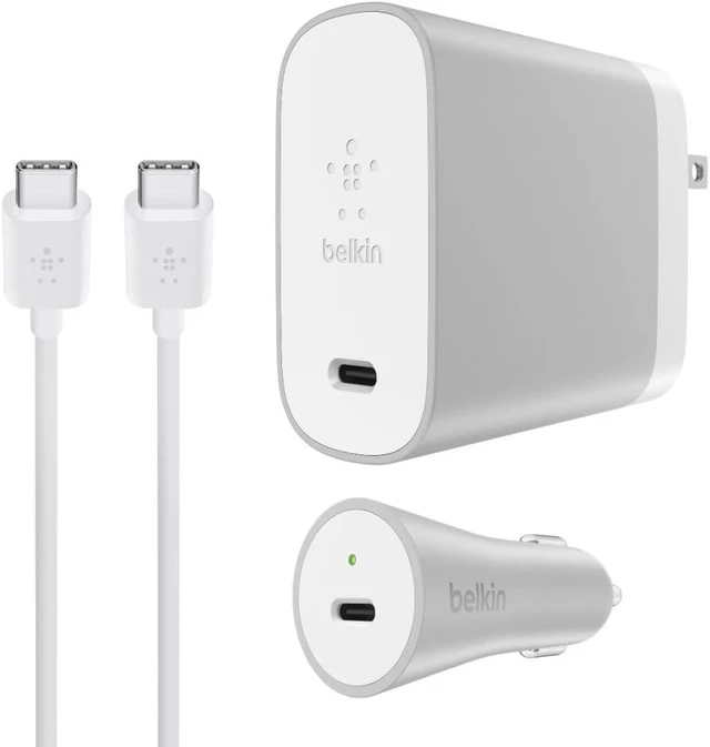 Main image of Belkin USB-C Home & Car Charger Kit 45W/27W with 6ft Cable - White/Silver