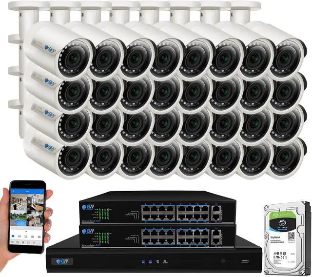 Main image of GW 32CH 4K H.265 NVR 5MP IP Security Camera System with (32) x IP PoE 1920P 5 Megapixels Outdoor/Indoor Wide Angle Microphone Bullet Cameras 100 Feet Night vision Motion Detection (8TB HDD)