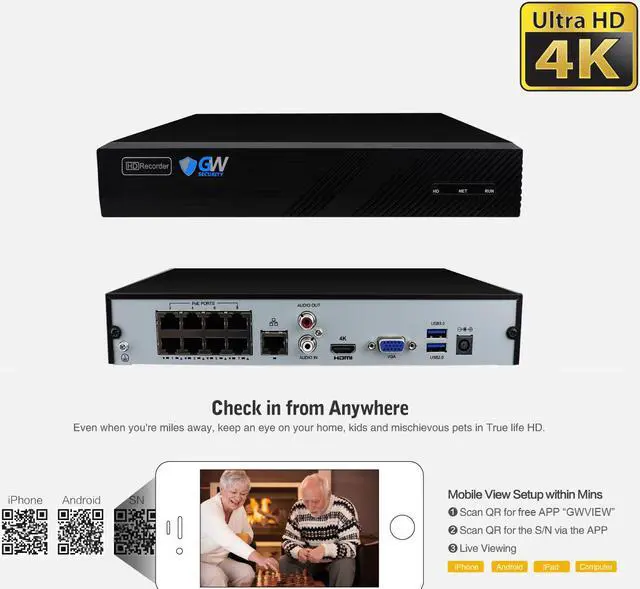 Alt view image 5 of 7 - GW 8 Channel H.265 4K NVR 5MP 1920P 2.8~12mm Lens, Video Plug & Play IP Security System - 4 x POE 5MP Weatherproof IP Cameras (2TB Hard Drive Included)