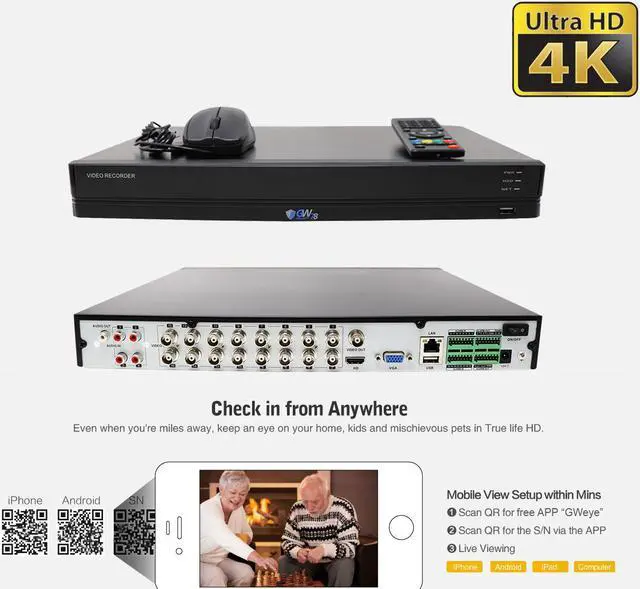 Alt view image 3 of 7 - GW Security 16 Channel 4K (4X 1080P) CCTV AI Surveillance DVR System with 12 x Ultra 8.0MP HD 4K 2160P AI Human Detection Waterproof Security Cameras,100ft IR Night Vision, 4TB Hard Drive