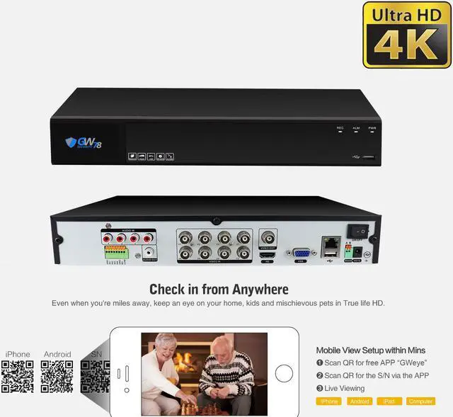 Alt view image 3 of 7 - GW Security 8 Channel 4K (4X 1080P) CCTV AI Surveillance DVR System with 4 x Ultra 8.0MP HD 4K 2160P AI Human Detection Waterproof Security Cameras,100ft IR Night Vision, 1TB Hard Drive