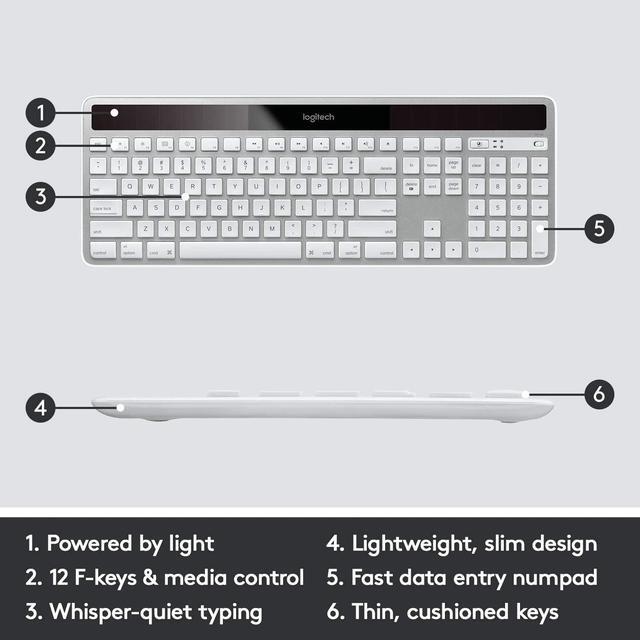Alt view image 4 of 5 - Logitech K750 Wireless Solar Keyboard for Mac — Solar Recharging, Mac-Friendly Keyboard, 2.4GHz Wireless - Silver