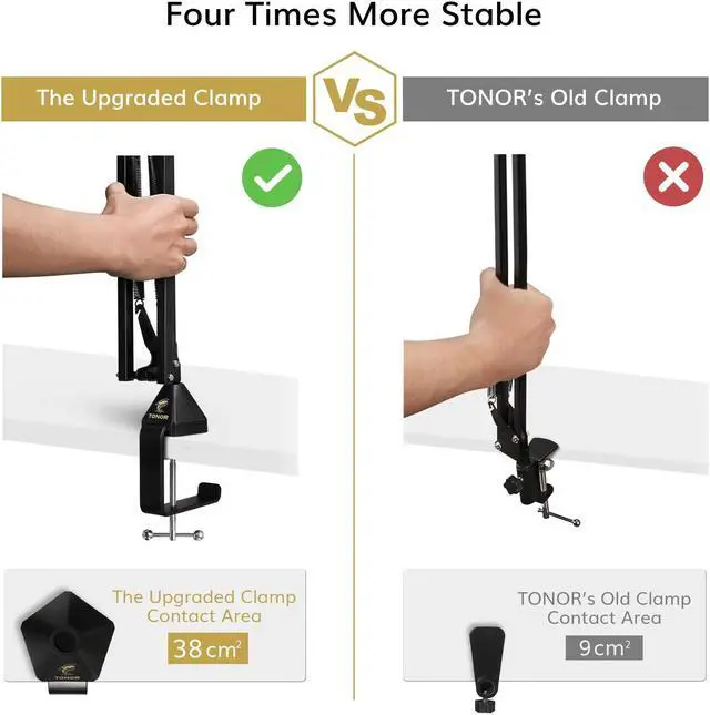 Alt view image 3 of 4 - Microphone Arm Stand, TONOR Adjustable Suspension Boom Scissor Mic Stand with Pop Filter, 3/8" to 5/8" Adapter, Mic Clip, Upgraded Heavy Duty Clamp for Blue Yeti Nano Snowball Ice and Other Mics(T20)