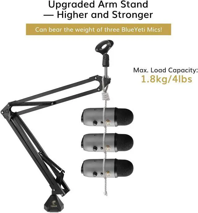 Alt view image 2 of 4 - Microphone Arm Stand, TONOR Adjustable Suspension Boom Scissor Mic Stand with Pop Filter, 3/8" to 5/8" Adapter, Mic Clip, Upgraded Heavy Duty Clamp for Blue Yeti Nano Snowball Ice and Other Mics(T20)
