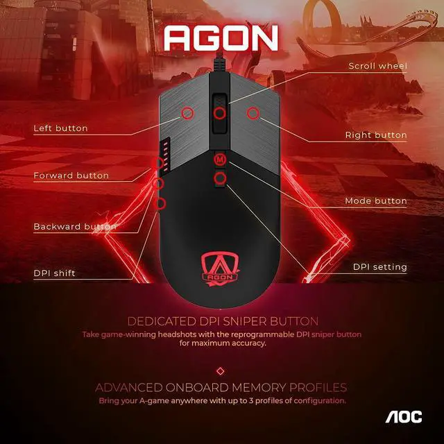 Alt view image 3 of 9 - AOC Agon AGM700 Gaming Mouse - 16,000 DPI - Omron Switches - RGB Effects - Adjustable DPI - Adjustable Weight