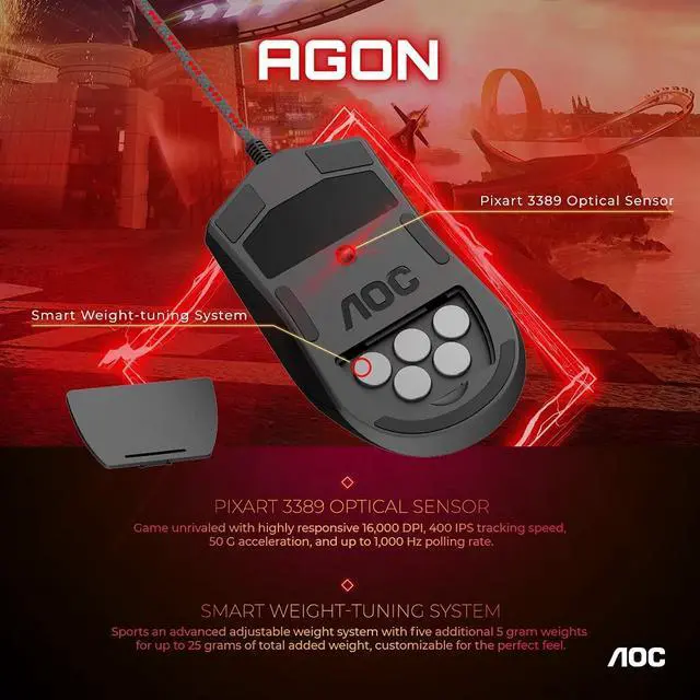 Alt view image 4 of 9 - AOC Agon AGM700 Gaming Mouse - 16,000 DPI - Omron Switches - RGB Effects - Adjustable DPI - Adjustable Weight