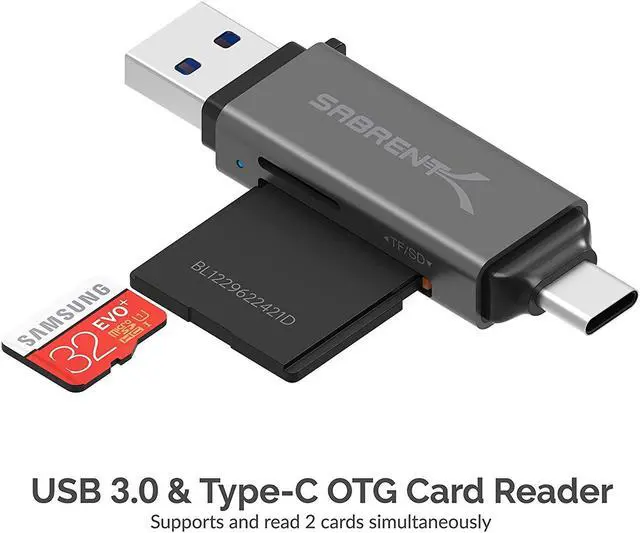Alt view image 2 of 7 - SABRENT USB 3.0 and USB Type-C OTG Card Reader Supports SD, SDHC, SDXC, MMC/MicroSD, T-Flash (CR-BCA2)