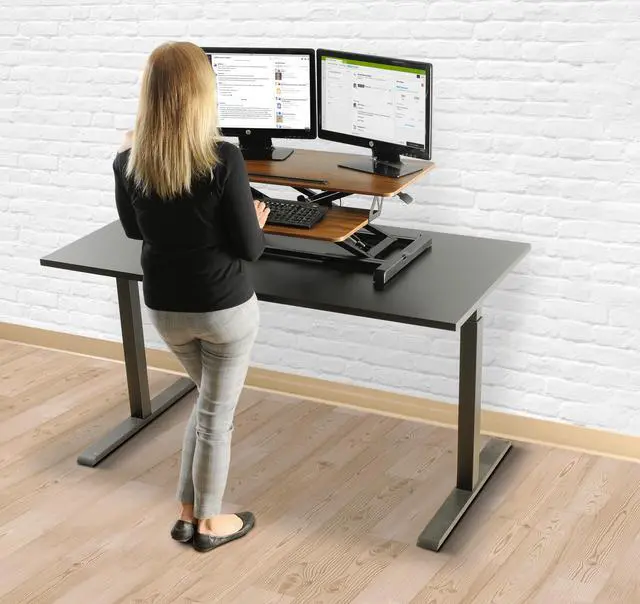 Alt view image 4 of 14 - TechOrbits Standing Desk - Stand Up Desk Converter And Monitor Riser - Height Adjustable Sit Stand Tabletop Workstation Wood Brown