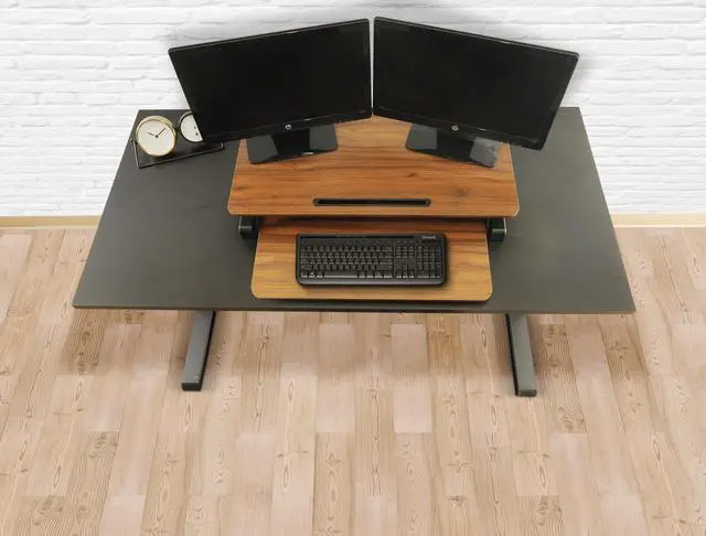 Alt view image 6 of 14 - TechOrbits Standing Desk - Stand Up Desk Converter And Monitor Riser - Height Adjustable Sit Stand Tabletop Workstation Wood Brown