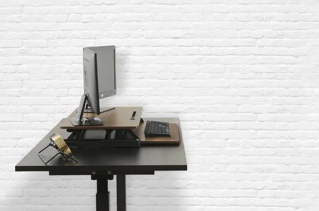 Alt view image 5 of 14 - TechOrbits Standing Desk - Stand Up Desk Converter And Monitor Riser - Height Adjustable Sit Stand Tabletop Workstation Wood Brown