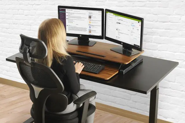 Alt view image 3 of 14 - TechOrbits Standing Desk - Stand Up Desk Converter And Monitor Riser - Height Adjustable Sit Stand Tabletop Workstation Wood Brown