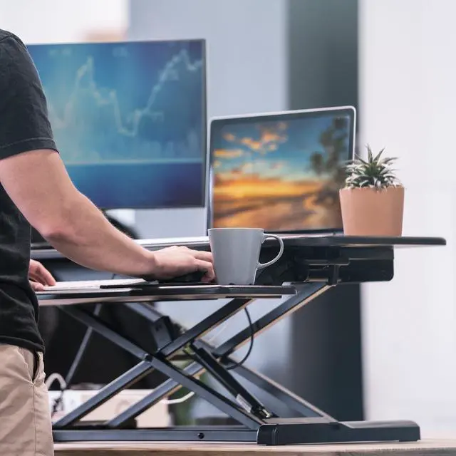Alt view image 4 of 20 - TechOrbits Standing Desk Converter - 37" Stand Up Desk Riser - Tabletop Sit Stand Desk Fits Dual Monitors - Two Tiered Height Adjustable Workstation With Removal Keyboard Tray