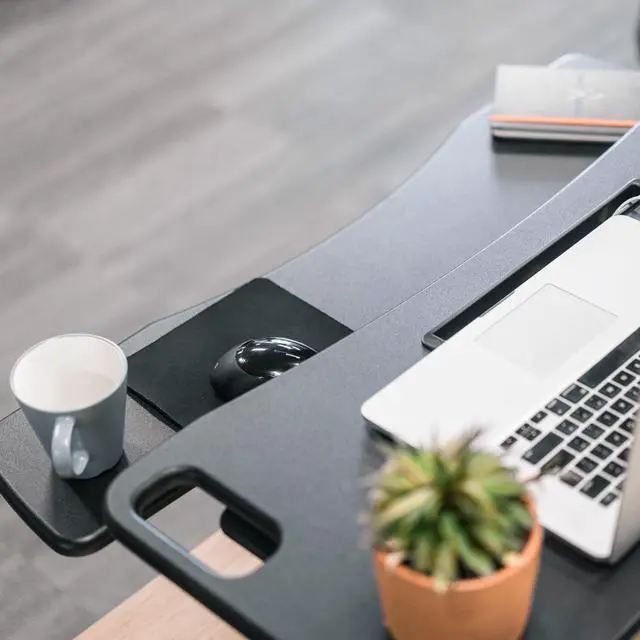 Alt view image 6 of 20 - TechOrbits Standing Desk Converter - 37" Stand Up Desk Riser - Tabletop Sit Stand Desk Fits Dual Monitors - Two Tiered Height Adjustable Workstation With Removal Keyboard Tray