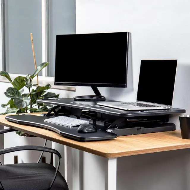 Alt view image 7 of 20 - TechOrbits Standing Desk Converter - 37" Stand Up Desk Riser - Tabletop Sit Stand Desk Fits Dual Monitors - Two Tiered Height Adjustable Workstation With Removal Keyboard Tray