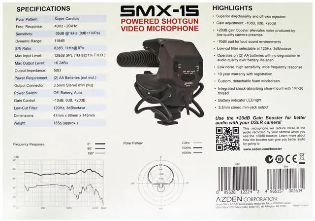 Alt view image 3 of 15 - Azden SMX-15 AA Powered Shotgun Video Microphone, Black (SMX-15)