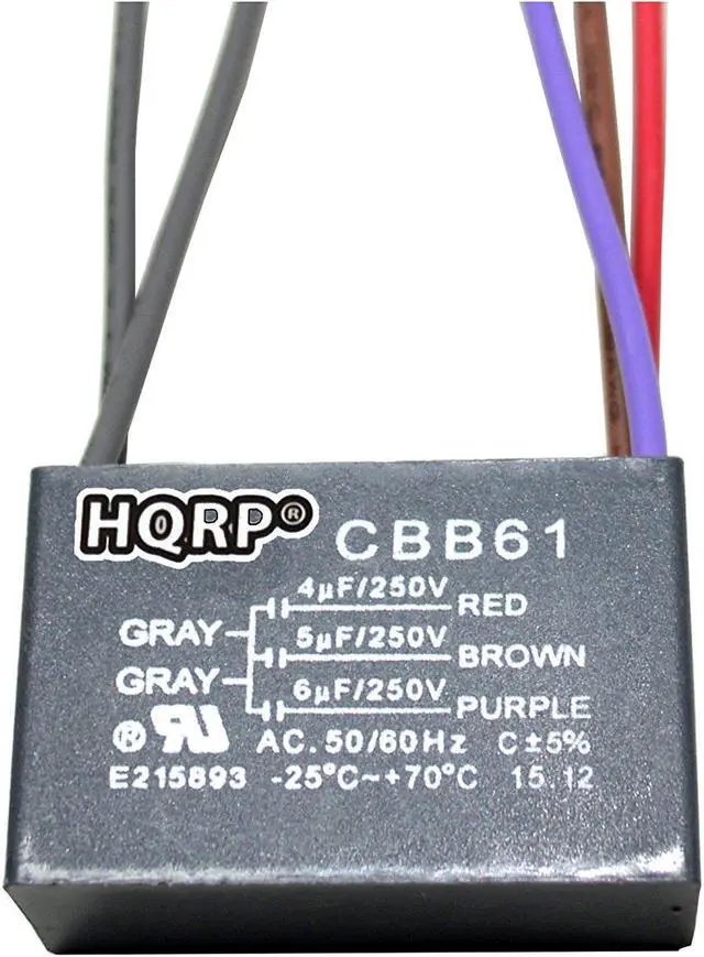 Alt view image 2 of 5 - HQRP Kit Ceiling Fan Capacitor CBB61 4uf+5uf+6uf 5-Wire and 3-Speed Fan Switch + HQRP Coaster