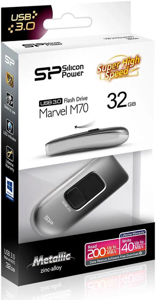 Alt view image 3 of 10 - Silicon Power Marvel M70 32GB 200/40 MB/s (read/write) Retractable USB 3.0 Flash Drive Silver