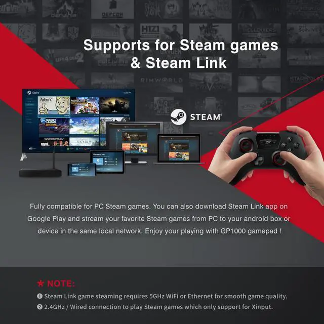 Alt view image 2 of 6 - RT RockTek GP1000 3 Modes Wireless& Wired Gamepad Controller with Bluetooth/2.4GHz/Wired Support PC Steam Games/Phone Bracket/Vibration/PC Xinput/Android