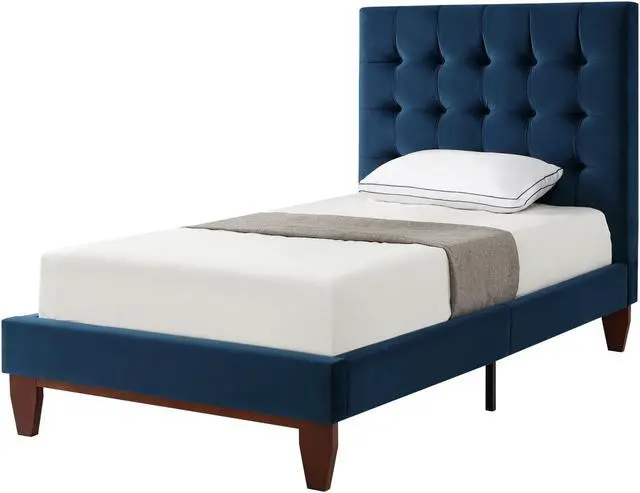 Alt view image 2 of 7 - Georges Navy Velvet Platform Bedframe - Full Size | Button Tufted | Upholstered | Modern and Contemporary | Inspired Home