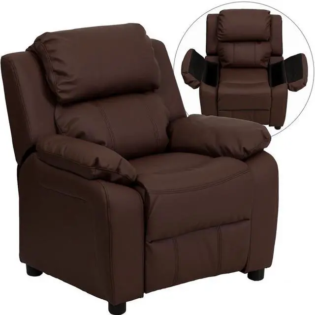 Alt view image 14 of 20 - Flash Furniture BT-7985-KID- BRN-LEA-GG Deluxe Heavily Padded Contemporary Brown Leather Kids Recliner with Storage Arms