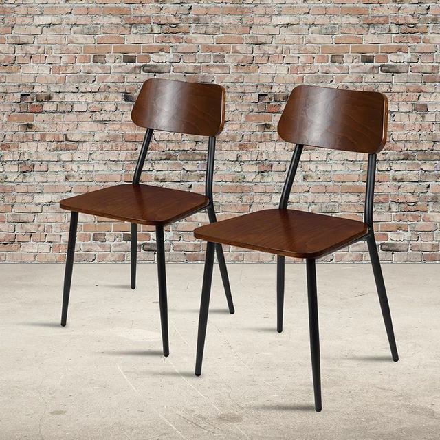 Alt view image 15 of 20 - Stackable Industrial Dining Chair with Gunmetal Steel Frame and Rustic Wood Seat, Set of 2
