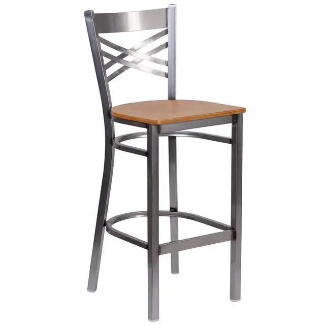 Alt view image 5 of 8 - Flash Furniture HERCULES Series Clear Coated ''X'' Back Metal Restaurant Barstool - Natural Wood Seat
