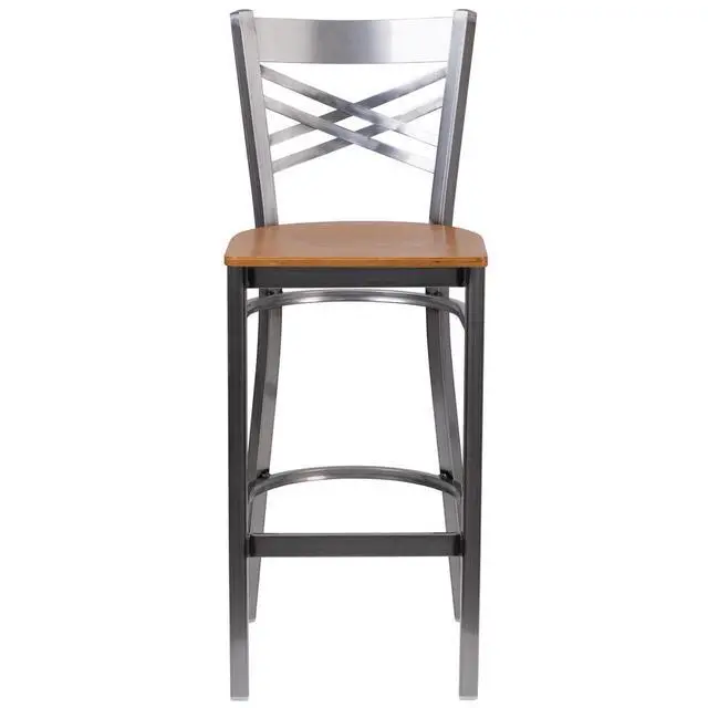 Alt view image 8 of 8 - Flash Furniture HERCULES Series Clear Coated ''X'' Back Metal Restaurant Barstool - Natural Wood Seat