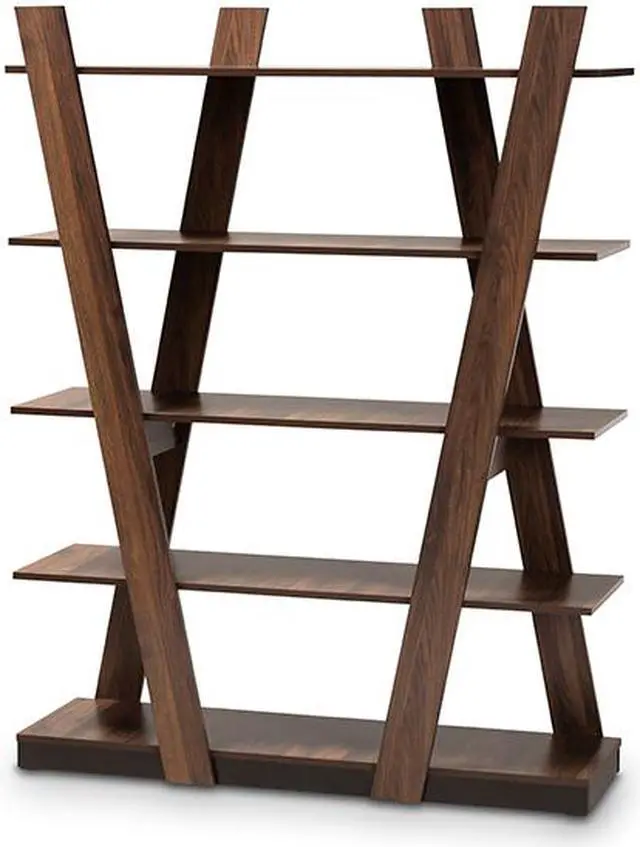 Alt view image 7 of 19 - Baxton Studio Michio Modern and Contemporary Walnut Brown Finished 5-Tier Wood Geometric Living Room Display Shelf