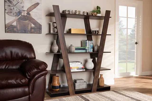 Alt view image 12 of 19 - Baxton Studio Michio Modern and Contemporary Walnut Brown Finished 5-Tier Wood Geometric Living Room Display Shelf