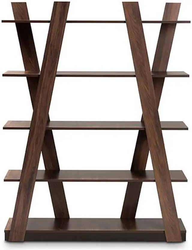 Alt view image 10 of 19 - Baxton Studio Michio Modern and Contemporary Walnut Brown Finished 5-Tier Wood Geometric Living Room Display Shelf