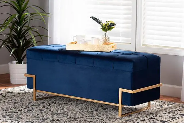 Alt view image 7 of 20 - Baxton Studio Parker Glam and Luxe Navy Blue Velvet Upholstered and Gold Metal Finished Storage Ottoman