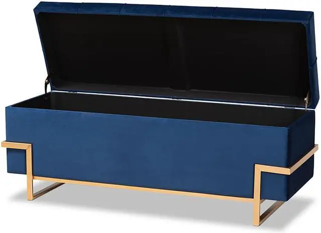 Alt view image 2 of 20 - Baxton Studio Parker Glam and Luxe Navy Blue Velvet Upholstered and Gold Metal Finished Storage Ottoman