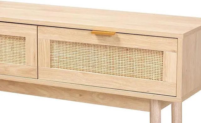 Alt view image 11 of 13 - Baxton Studio Baird Mid-Century Modern Light Oak Brown Finished Wood and Rattan 2-Drawer Console Table