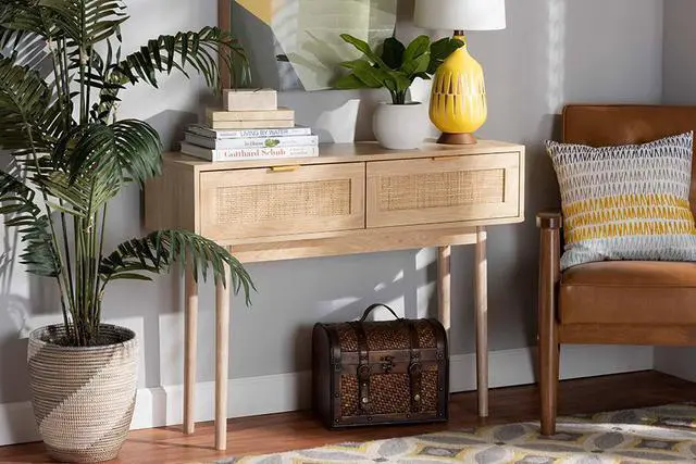 Alt view image 13 of 13 - Baxton Studio Baird Mid-Century Modern Light Oak Brown Finished Wood and Rattan 2-Drawer Console Table