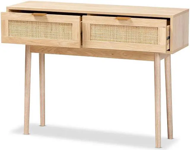 Alt view image 8 of 13 - Baxton Studio Baird Mid-Century Modern Light Oak Brown Finished Wood and Rattan 2-Drawer Console Table