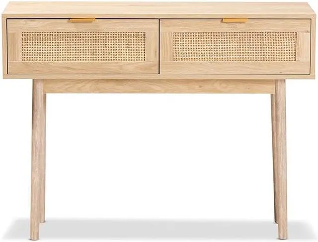 Alt view image 9 of 13 - Baxton Studio Baird Mid-Century Modern Light Oak Brown Finished Wood and Rattan 2-Drawer Console Table