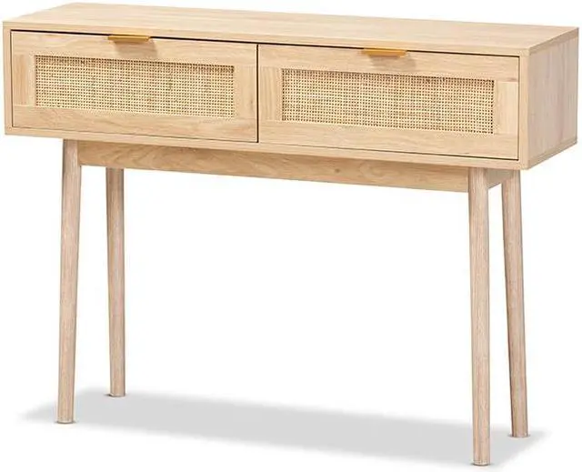 Alt view image 7 of 13 - Baxton Studio Baird Mid-Century Modern Light Oak Brown Finished Wood and Rattan 2-Drawer Console Table