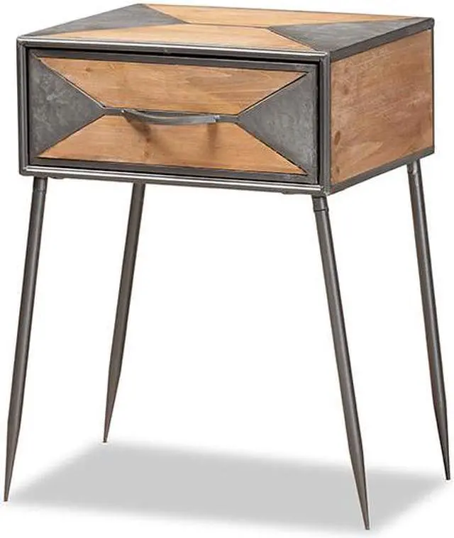 Alt view image 7 of 13 - Baxton Studio Laurel Rustic Industrial Antique Grey Finished Metal and Whitewashed Oak Brown Finished Wood 1-Drawer End Table
