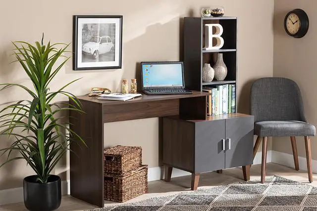 Alt view image 13 of 20 - Baxton Studio Jaeger Modern and Contemporary Two-Tone Walnut Brown and Dark Grey Finished Wood Storage Desk with Shelves