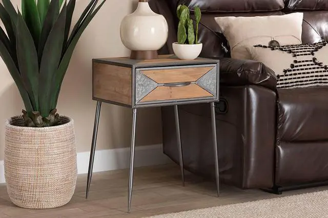 Alt view image 13 of 13 - Baxton Studio Laurel Rustic Industrial Antique Grey Finished Metal and Whitewashed Oak Brown Finished Wood 1-Drawer End Table