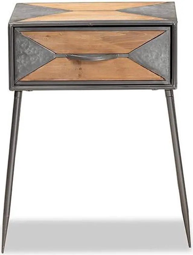 Alt view image 9 of 13 - Baxton Studio Laurel Rustic Industrial Antique Grey Finished Metal and Whitewashed Oak Brown Finished Wood 1-Drawer End Table