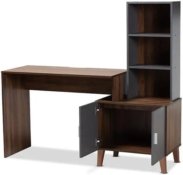 Alt view image 8 of 20 - Baxton Studio Jaeger Modern and Contemporary Two-Tone Walnut Brown and Dark Grey Finished Wood Storage Desk with Shelves