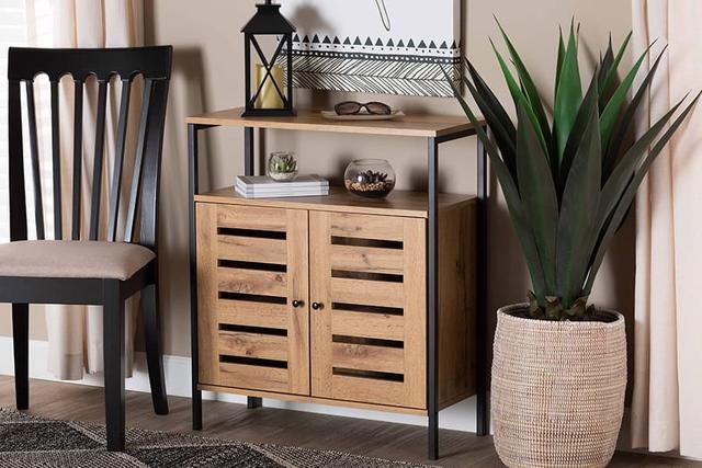 Alt view image 7 of 20 - Baxton Studio Vander Modern and Contemporary Oak Brown Finished Wood and Black Metal 2-Door Shoe Cabinet