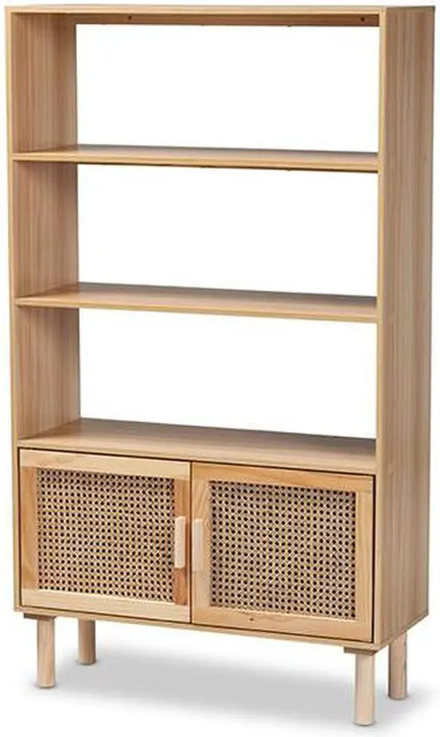 Alt view image 6 of 12 - Baxton Studio Faulkner Mid-Century Modern Natural Brown Finished Wood and Rattan 2-Door Bookcase