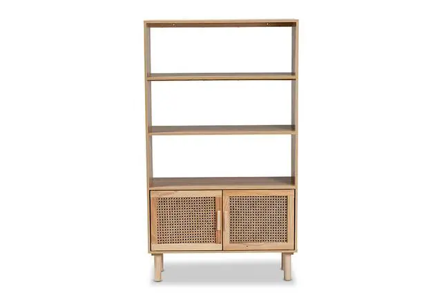 Alt view image 8 of 12 - Baxton Studio Faulkner Mid-Century Modern Natural Brown Finished Wood and Rattan 2-Door Bookcase