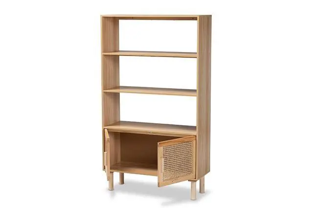 Alt view image 7 of 12 - Baxton Studio Faulkner Mid-Century Modern Natural Brown Finished Wood and Rattan 2-Door Bookcase